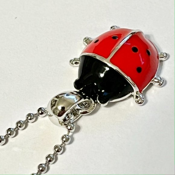 Silver Red Ladybug Pendant Necklace Crystal Plated 17" Chain Insect Enamel - Picture 6 of 11